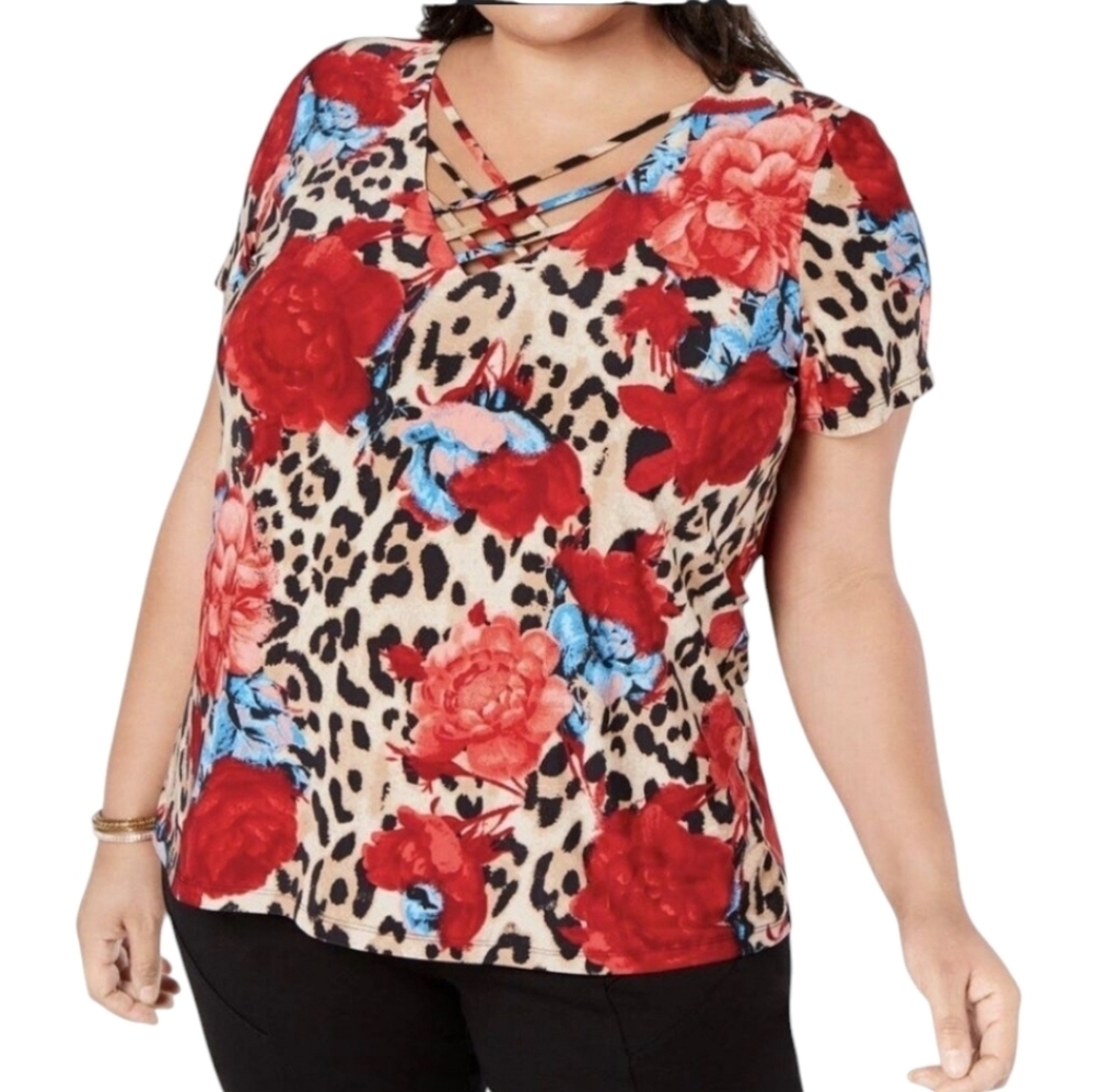 INC International Concepts Blouse Strappy V-neck Leopard and Floral Print 2X